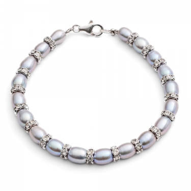 Single Strand Grey Pearl & Silver Rondel Bracelet