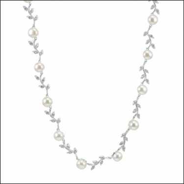 Silver Pearl & Cz Leaf Necklace