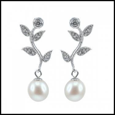 Silver, Pearl & Cz Leaf Earrings