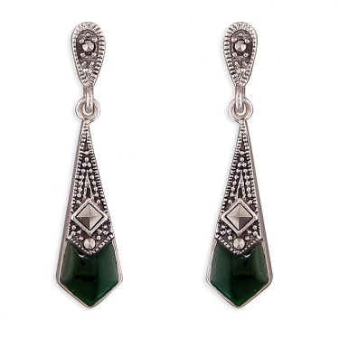 Silver Marcasite & Green Agate Earrings