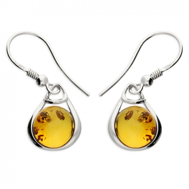 Silver Round Amber Drop Earrings