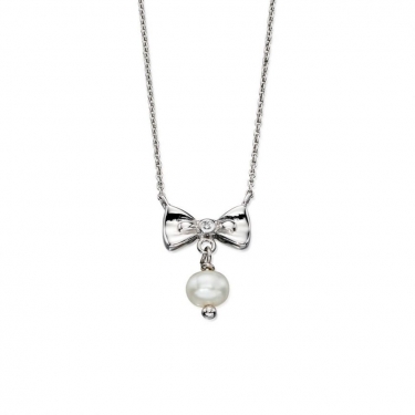 Silver, diamond & pearl bow necklace