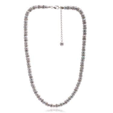 Single Strand Grey Pearl & Silver Rondel Necklace