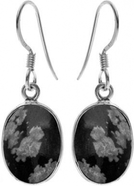 Silver & Snowflake Obsidian Oval Earrings
