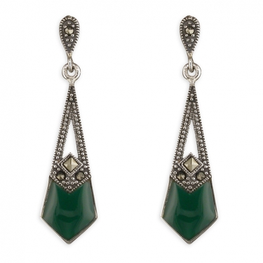 Silver, Marcasite & Green Agate Earrings